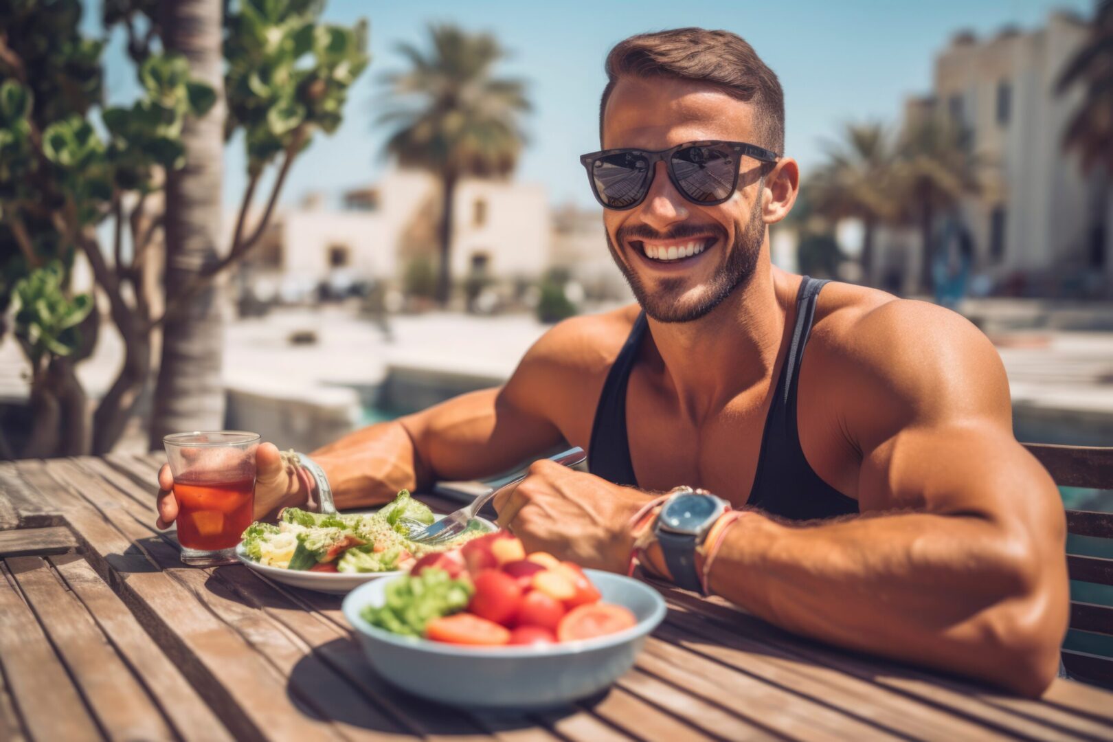 healthy man sitting outside with healthy food boosting his testosterone naturally